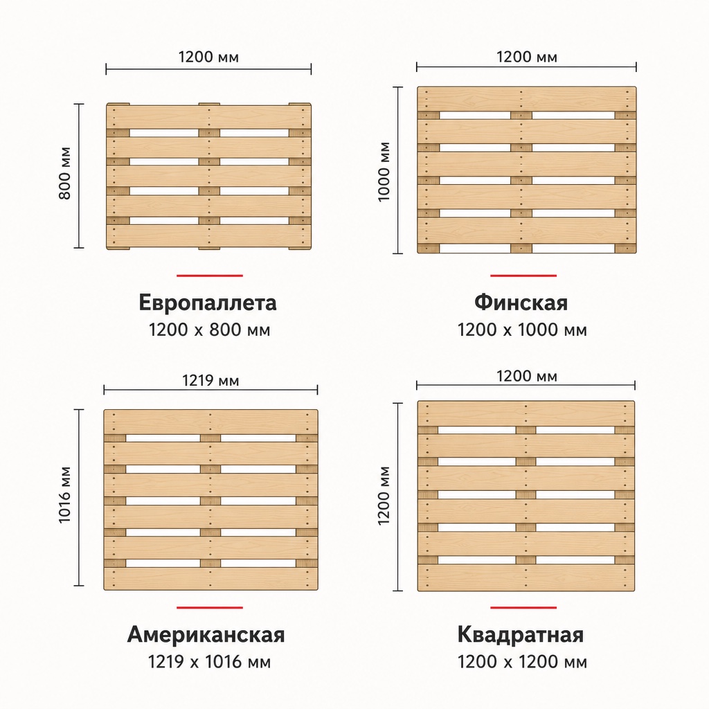 Схема размеров четырёх паллет: европаллета, финская, американская, квадратная